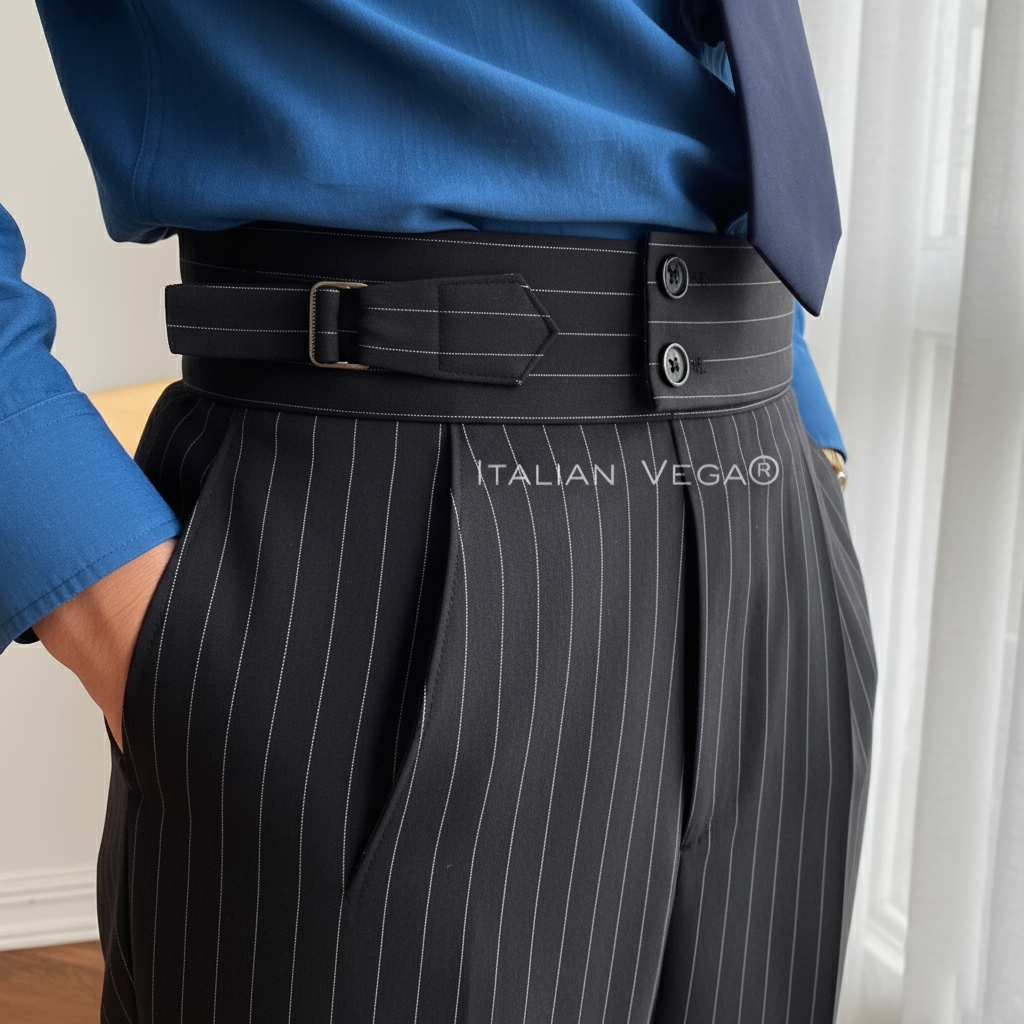 Deep Black Striped Signature Buttoned Gurkha Pants by Italian Vega® (Special Edition)