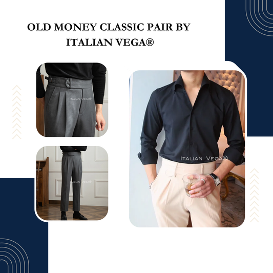 Old Money Black Shirt with Grey Herringbone Signature Buttoned Gurkha Pant by ITALIAN VEGA®