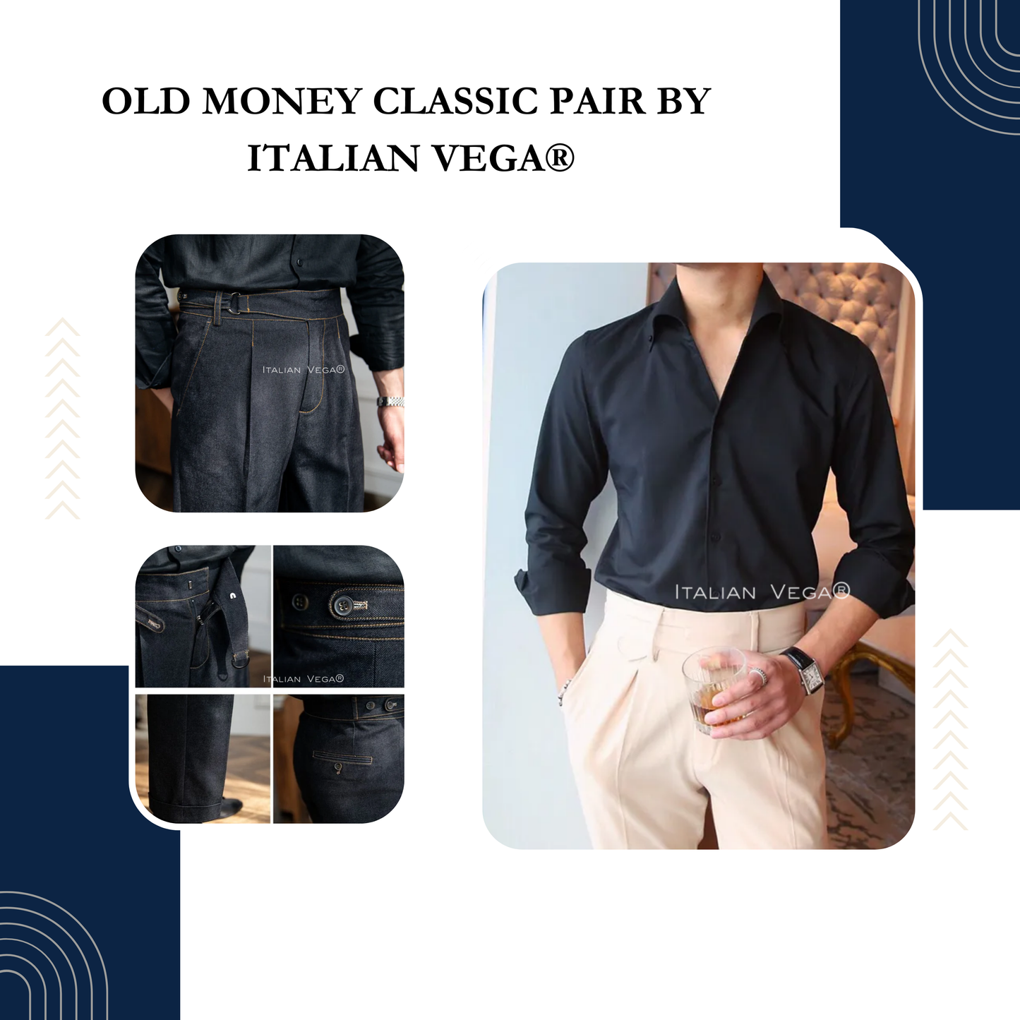 Old Money Black Shirt with Space Blue Veteran Denim Gurkha Pant by ITALIAN VEGA®