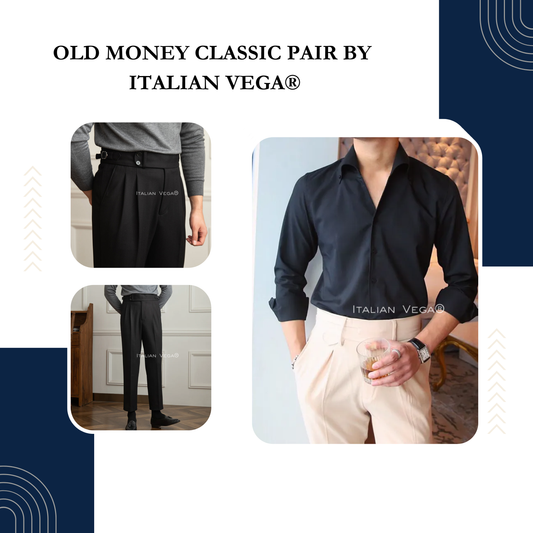 Old Money Black Shirt with Black Herringbone Signature Buttoned Gurkha Pant by ITALIAN VEGA®