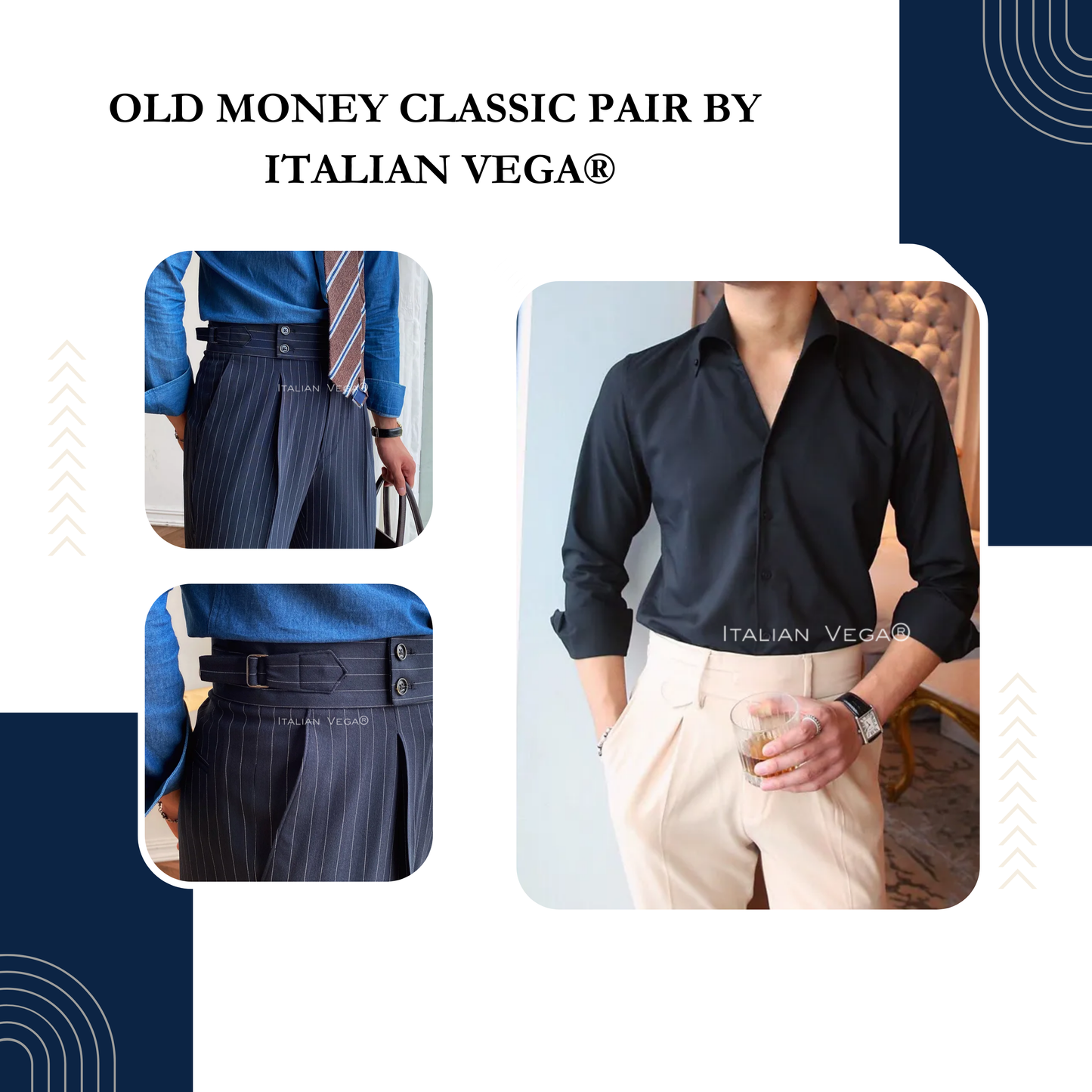 Old Money Black Shirt with Navy Stripe Signature Buttoned Gurkha Pant by ITALIAN VEGA®