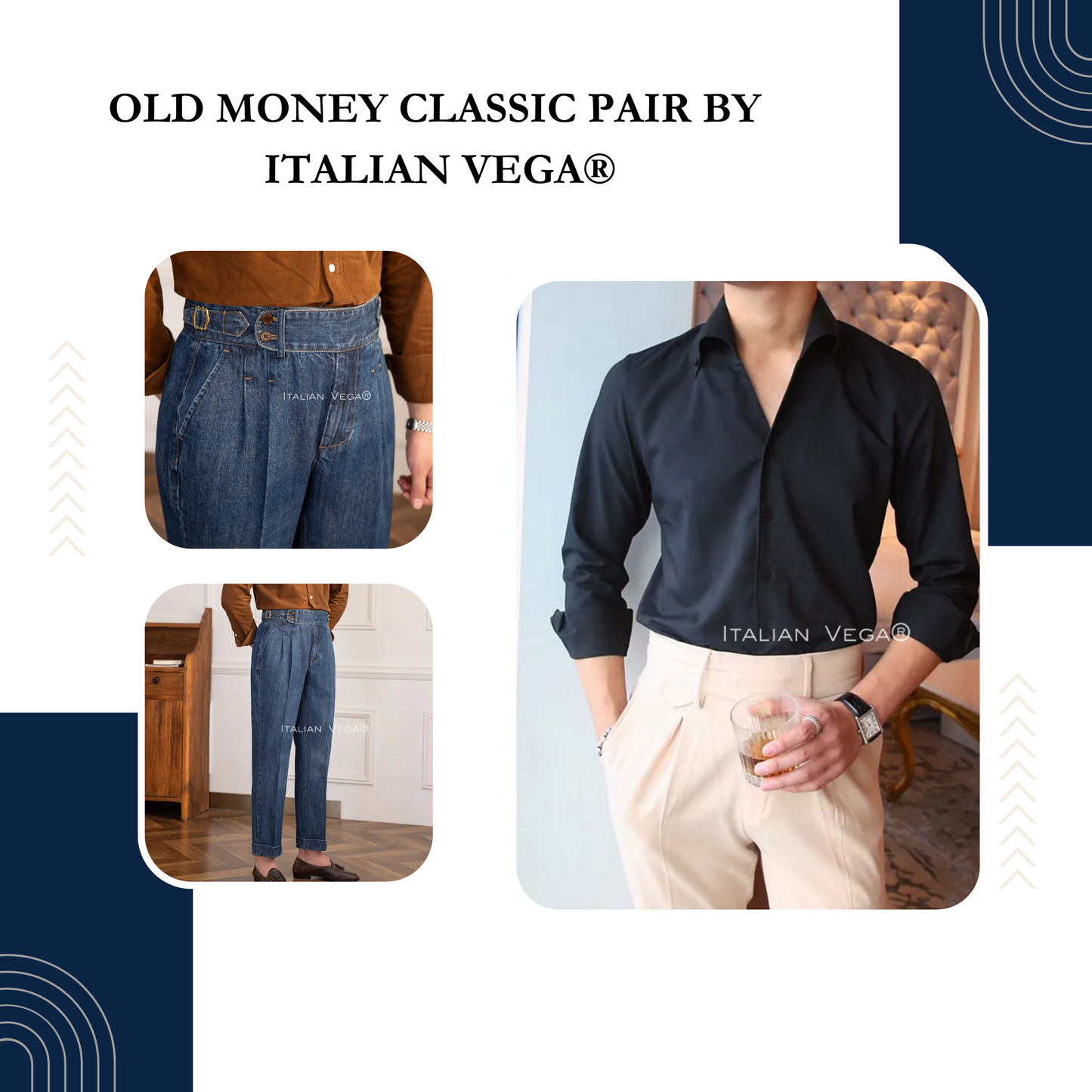 Old Money Black Shirt with Dark Blue Denim Signature Buttoned Gurkha Pant by ITALIAN VEGA®