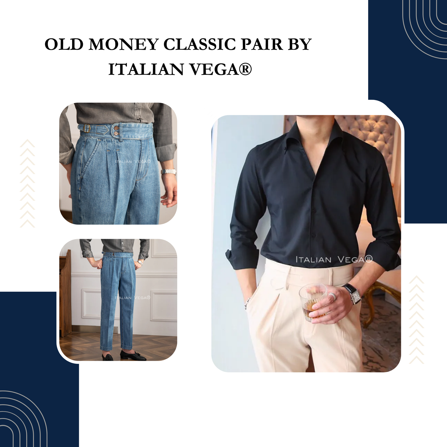 Old Money Black Shirt with Sky Blue Denim Signature Buttoned Gurkha Pant by ITALIAN VEGA®