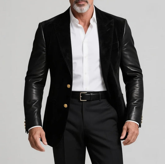 Luxury Black Suede & PU Leather Blazer – Italian Vega® Signature Edition