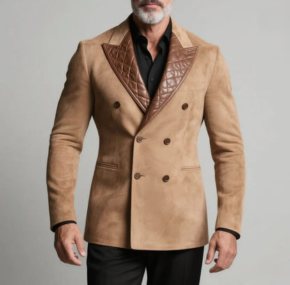 Luxury Beige Suede & PU Leather Blazer – Italian Vega® Signature Edition