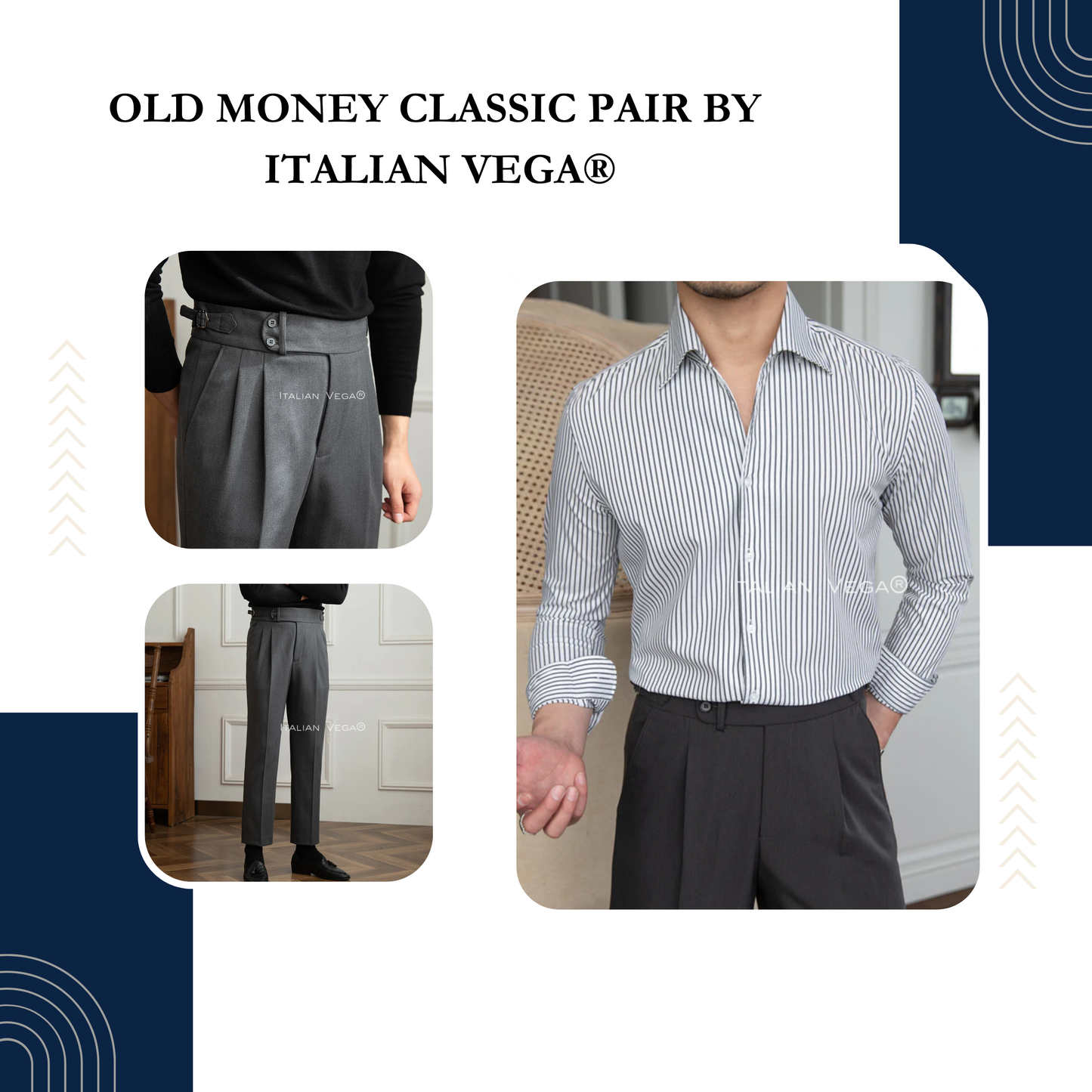 Old Money Grey Stripe Shirt with Grey Herringbone Signature Buttoned Gurkha Pant by ITALIAN VEGA®