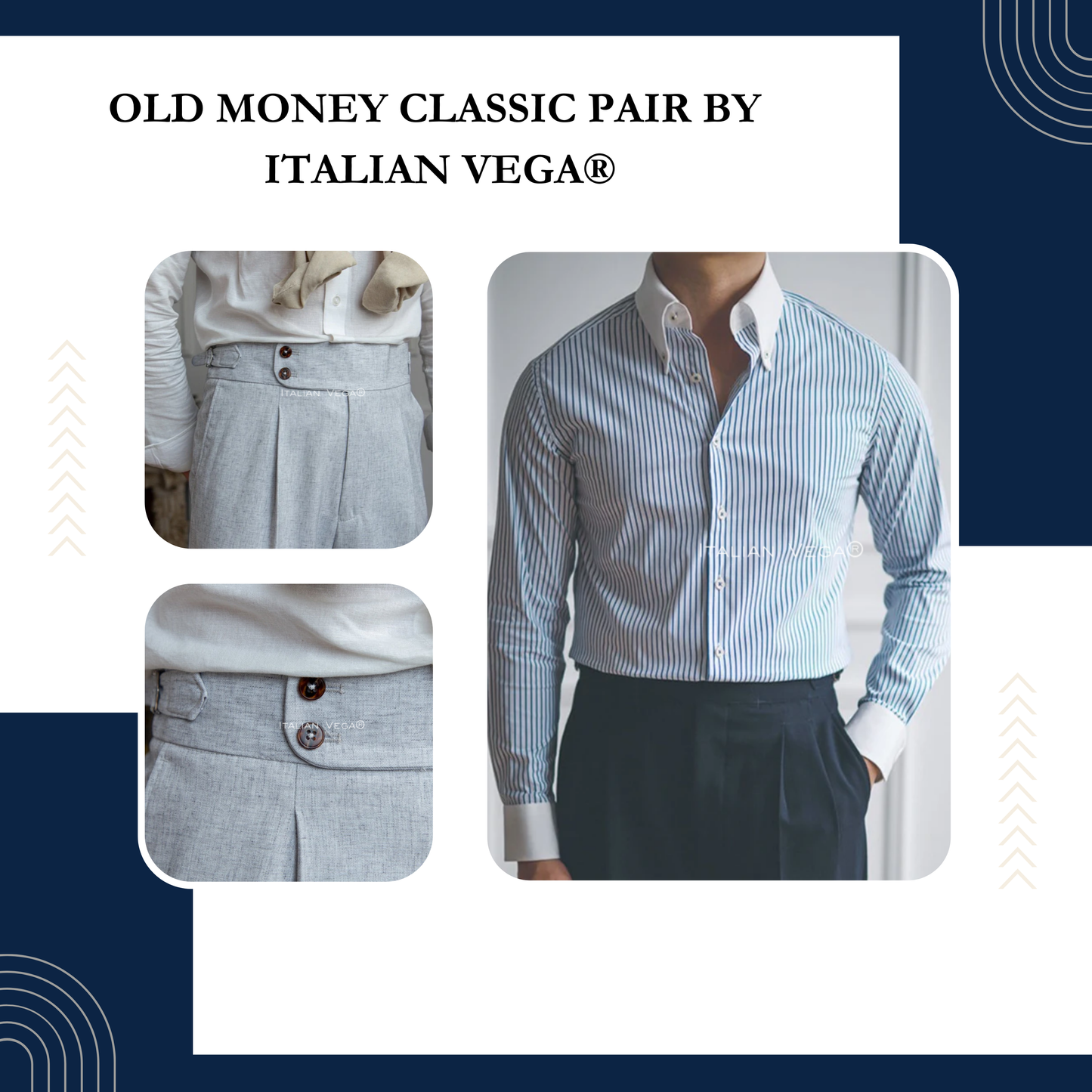 Old Money Classic Navy Stripe Shirt with Ash Grey Signature Buttoned Gurkha Pant by ITALIAN VEGA®