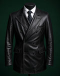 Men's Black Vegan Leather  Double Breasted Blazer Coat | Midnight Onyx by Italian Vega®