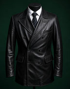 Men's Black Vegan Leather  Double Breasted Blazer Coat | Midnight Onyx by Italian Vega®