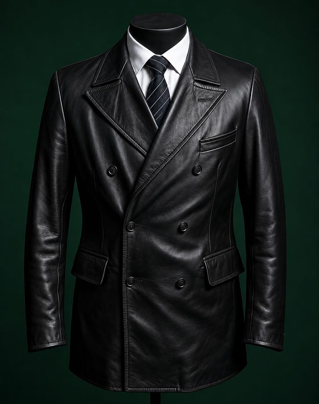Men's Black Vegan Leather  Double Breasted Blazer Coat | Midnight Onyx by Italian Vega®