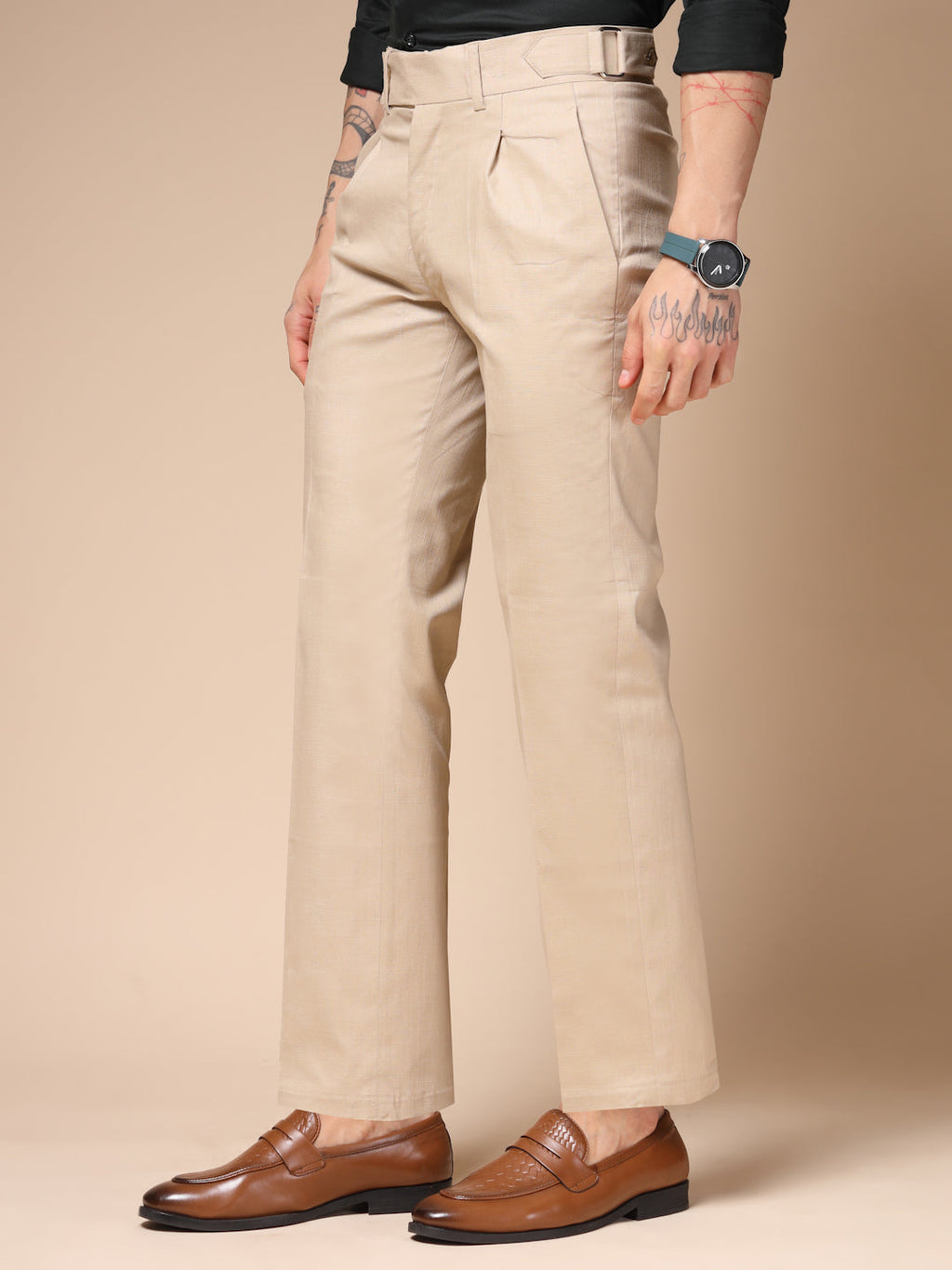 Beige Linen Oxford Gurkha Pants | Boot Cut Fit by Italian Vega®