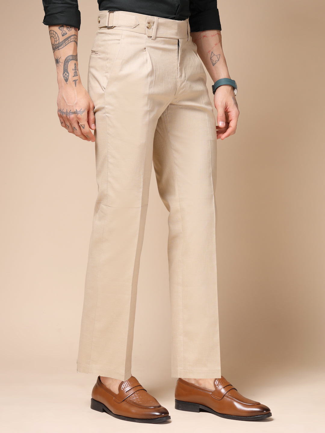 Beige Oxford Linen Gurkha Pants | Boot Cut Fit by Italian Vega®