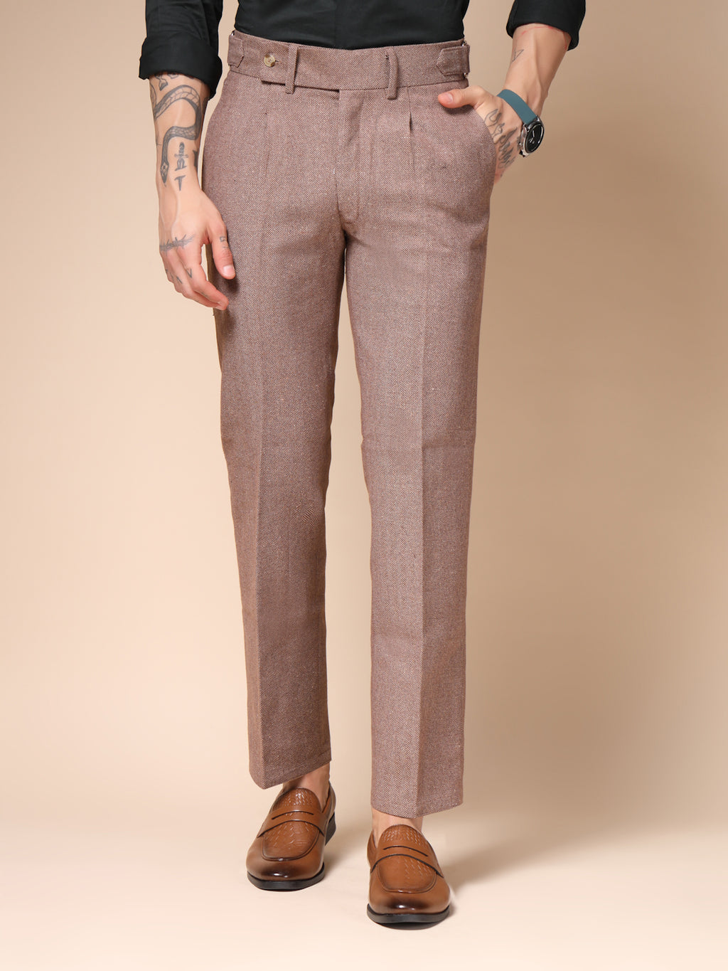 Khakhi Oxford Herringbone Gurkha Pants | Boot Cut Fit by Italian Vega®