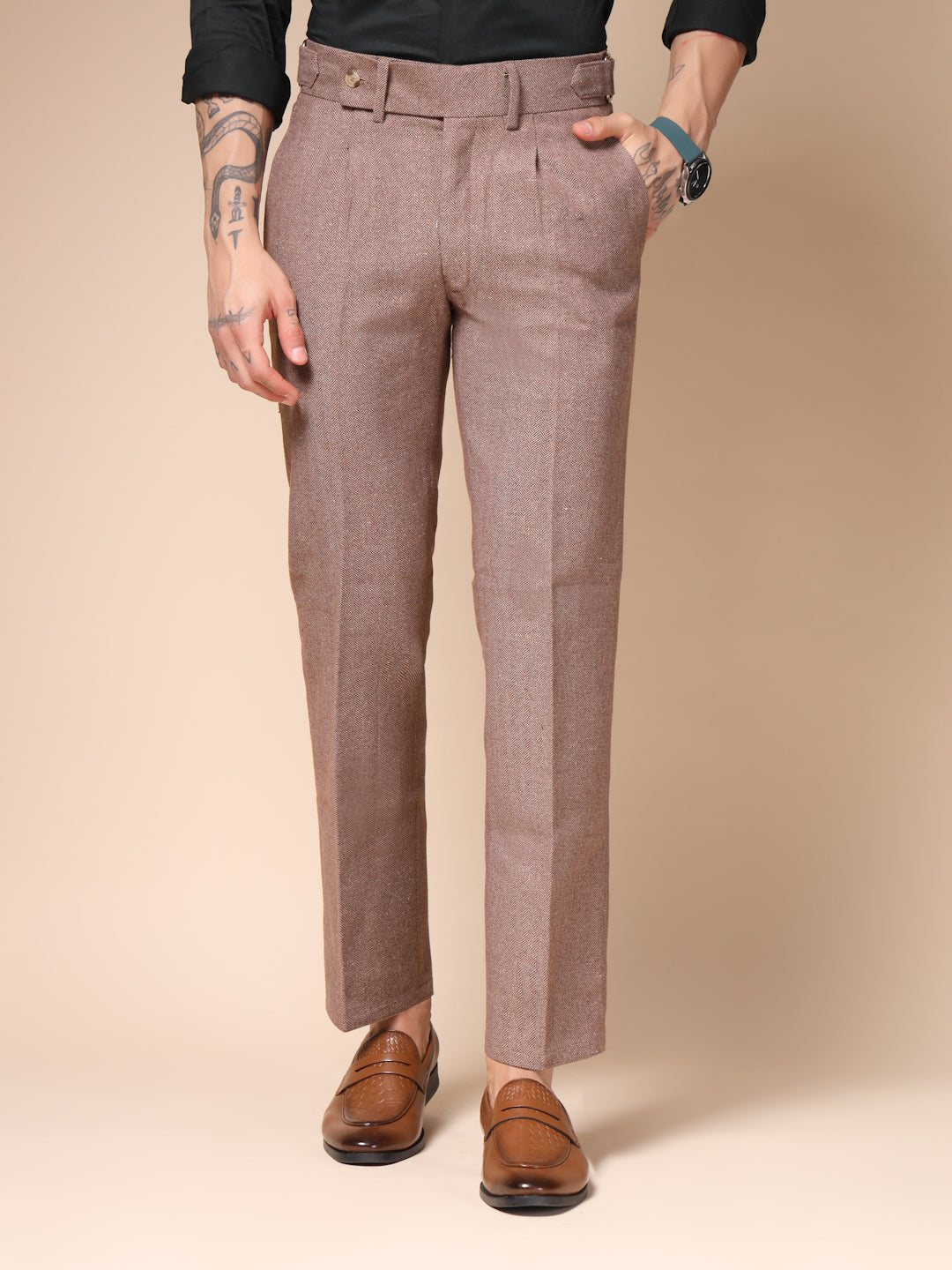 Khakhi Oxford Herringbone Gurkha Pants | Boot Cut Fit by Italian Vega® (Winter Warm)