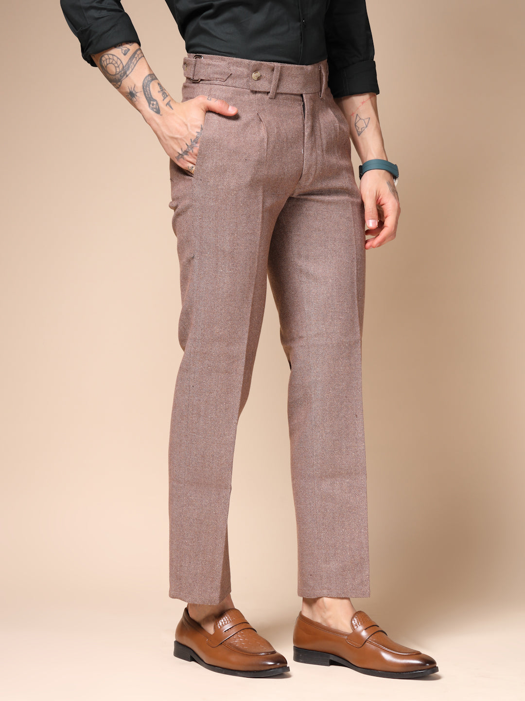 Khakhi Oxford Herringbone Gurkha Pants | Boot Cut Fit by Italian Vega®