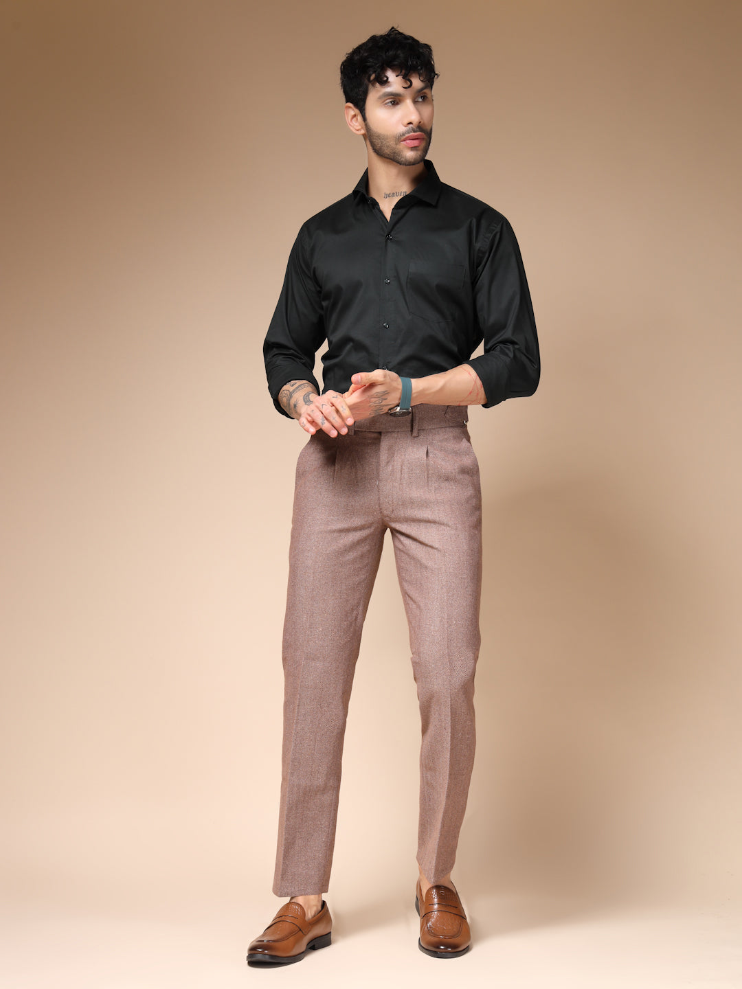 Khakhi Oxford Herringbone Gurkha Pants | Boot Cut Fit by Italian Vega® (Winter Warm)