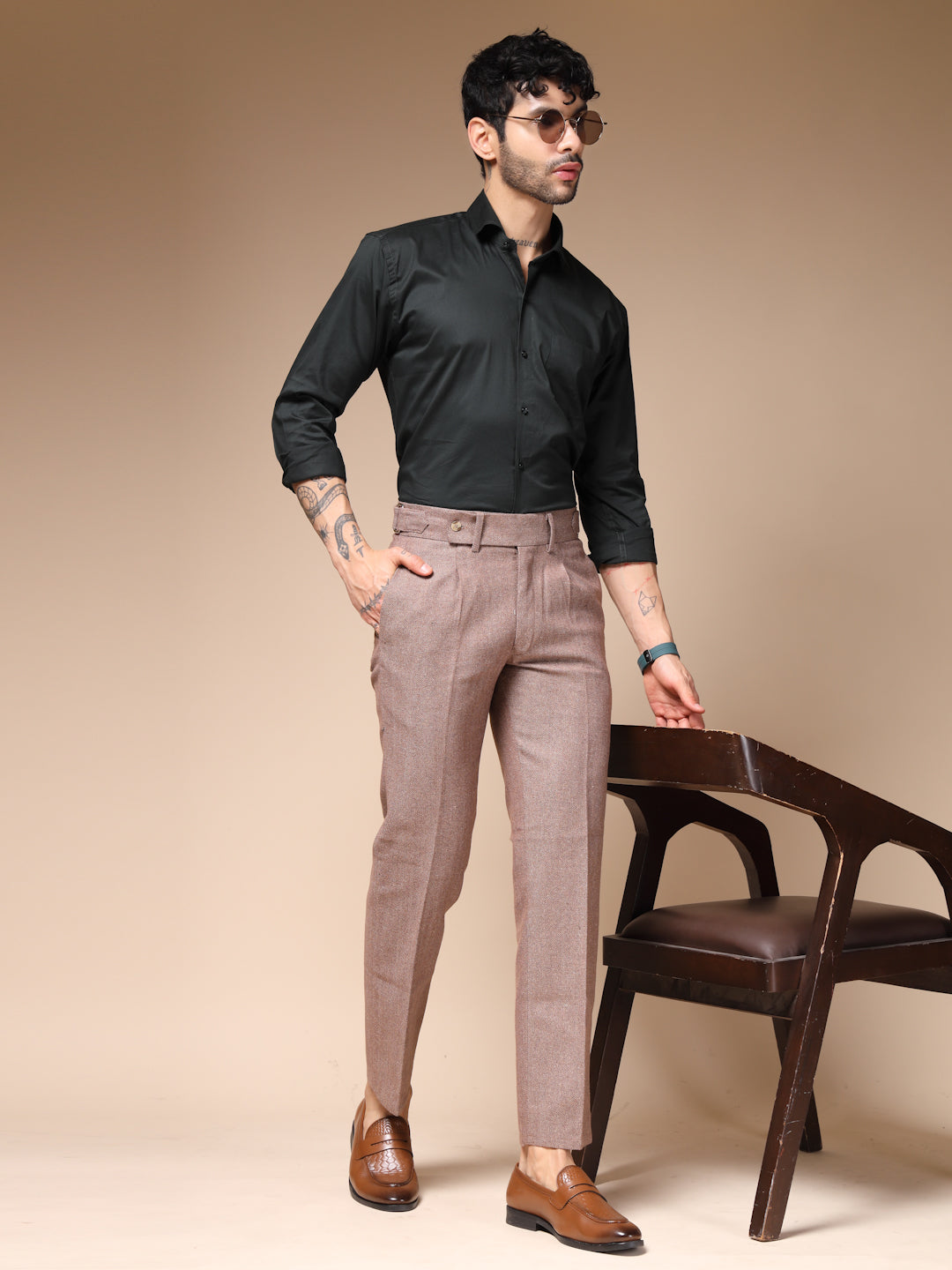 Khakhi Oxford Herringbone Gurkha Pants | Boot Cut Fit by Italian Vega® (Winter Warm)