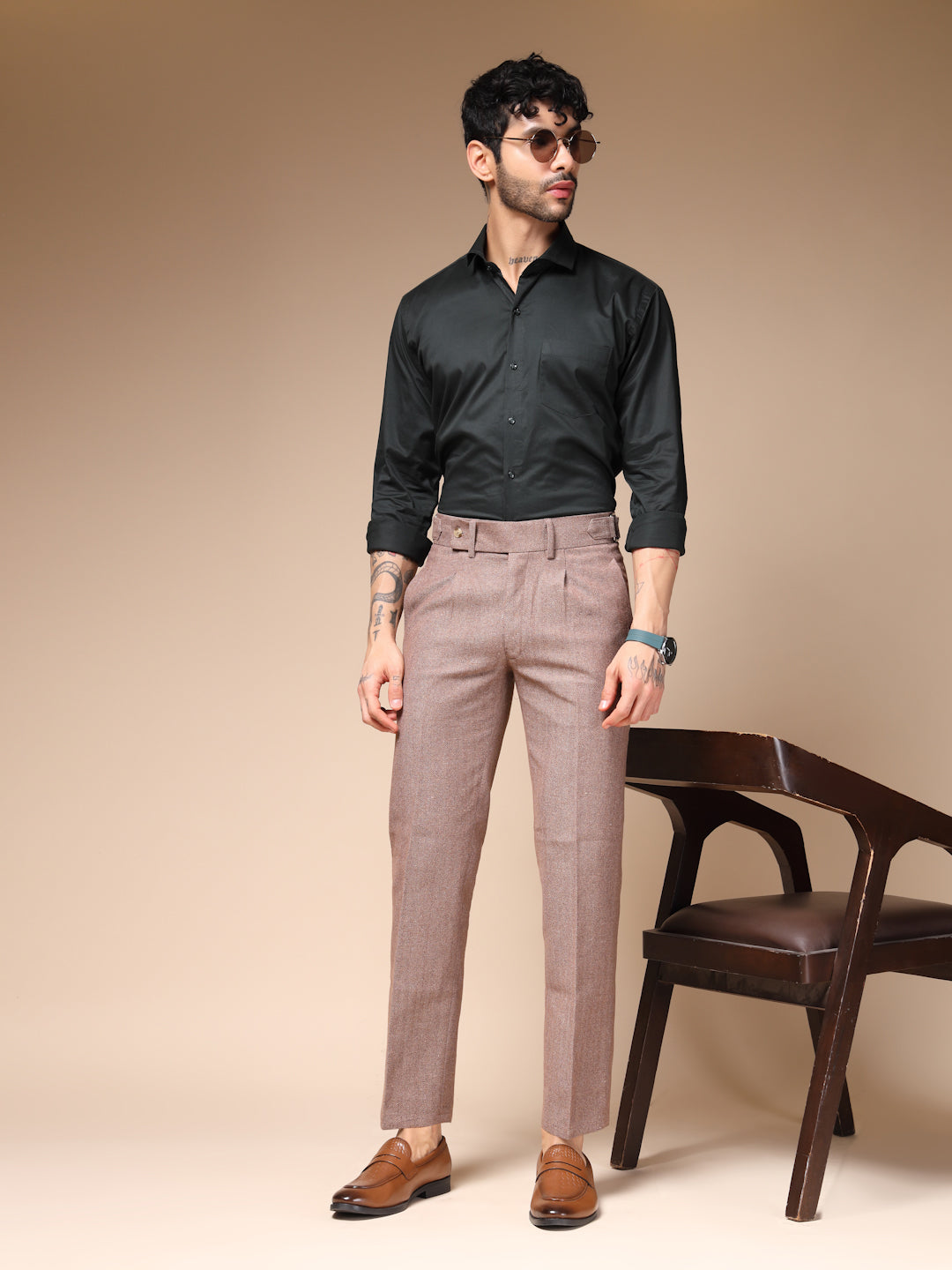Khakhi Oxford Herringbone Gurkha Pants | Boot Cut Fit by Italian Vega® (Winter Warm)