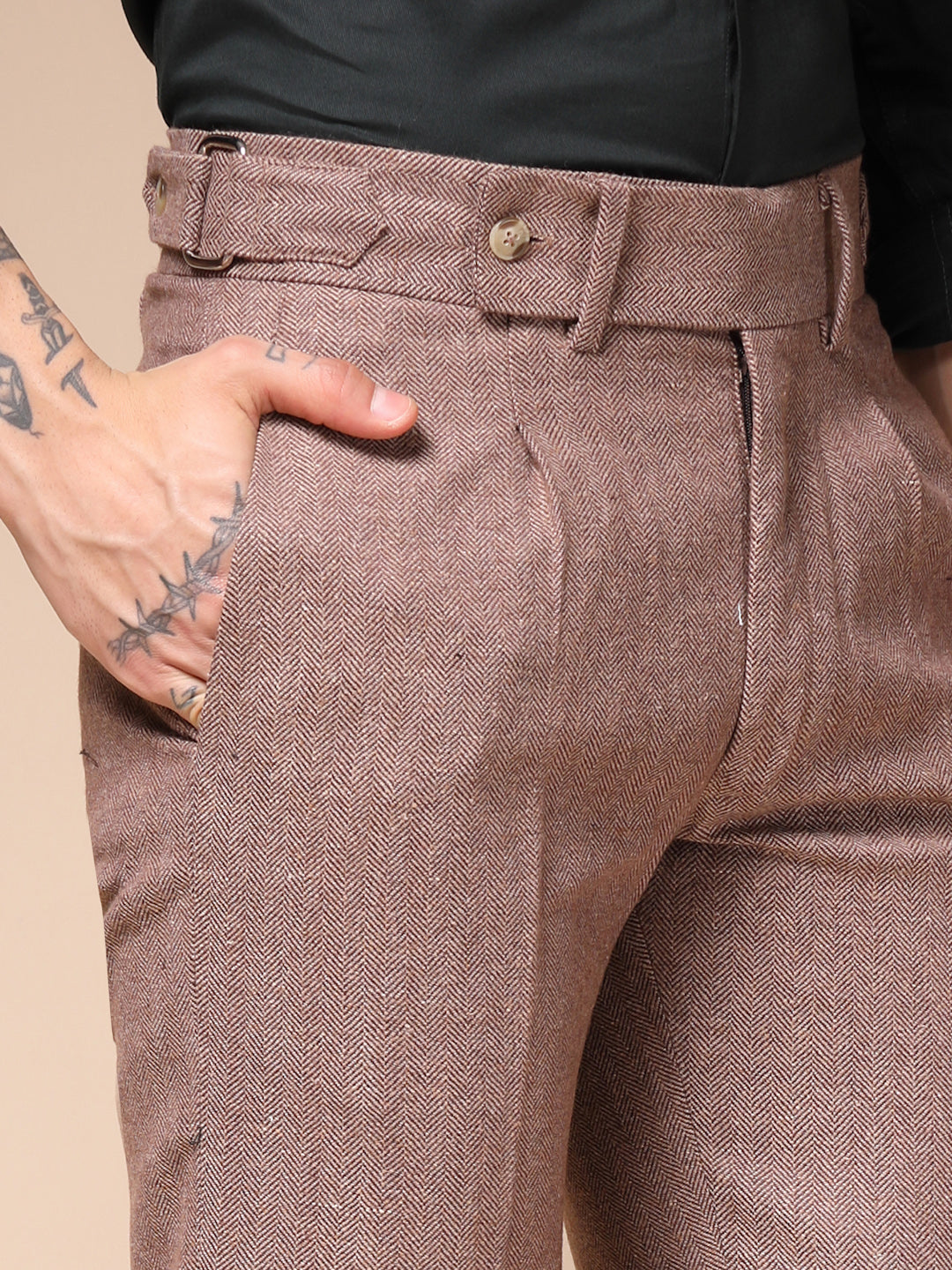 Khakhi Oxford Herringbone Gurkha Pants | Boot Cut Fit by Italian Vega® (Winter Warm)