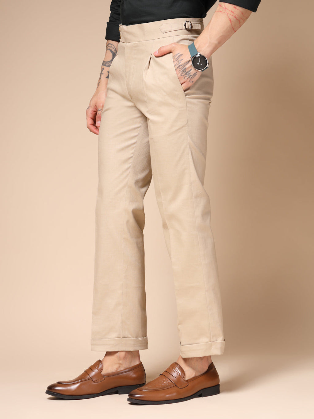 Beige Linen Signature Buttoned Gurkha Pants | Boot Cut Fit by Italian Vega®