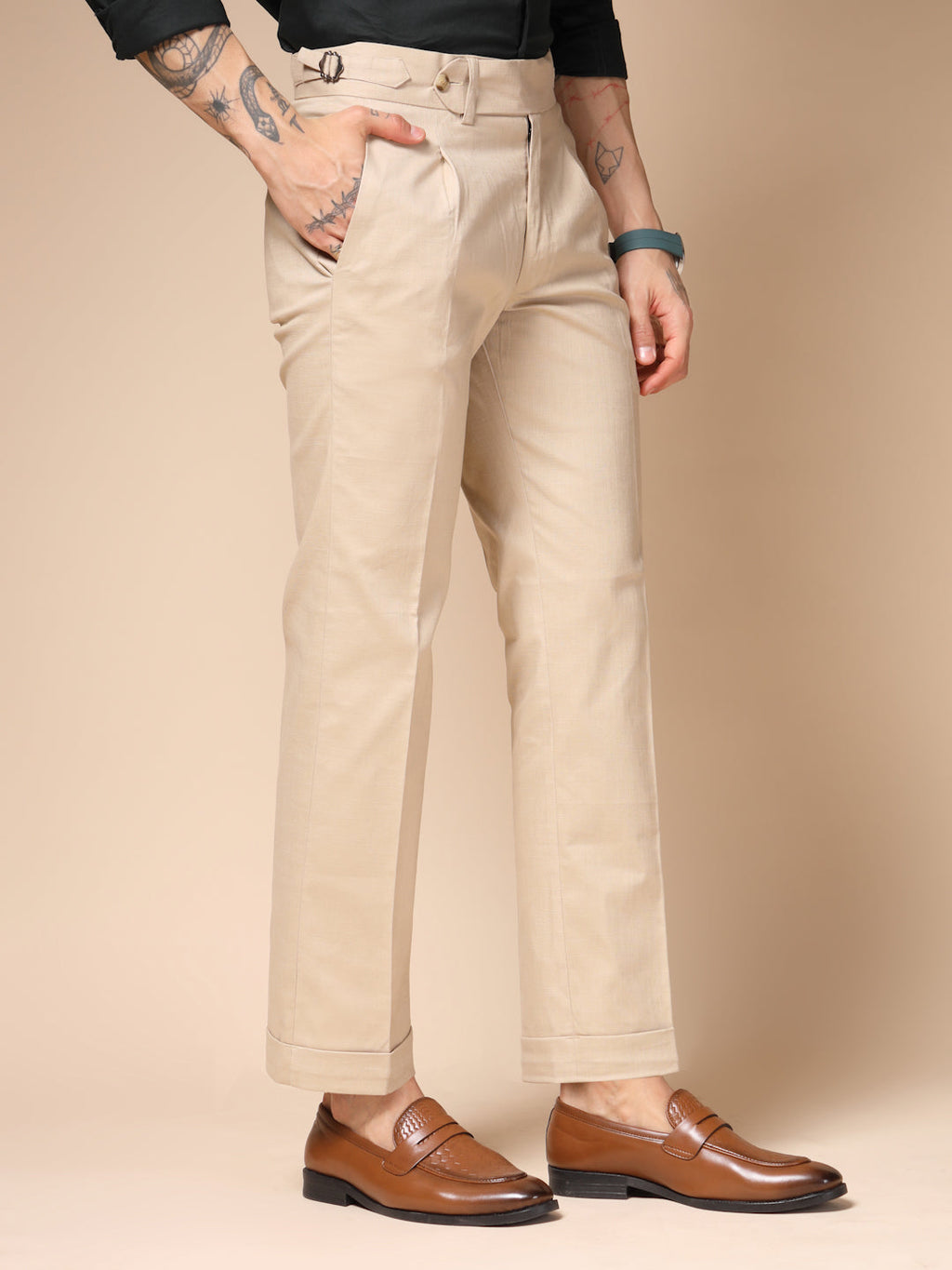 Beige Linen Elegant Gurkha Pants | Boot Cut Fit by Italian Vega®