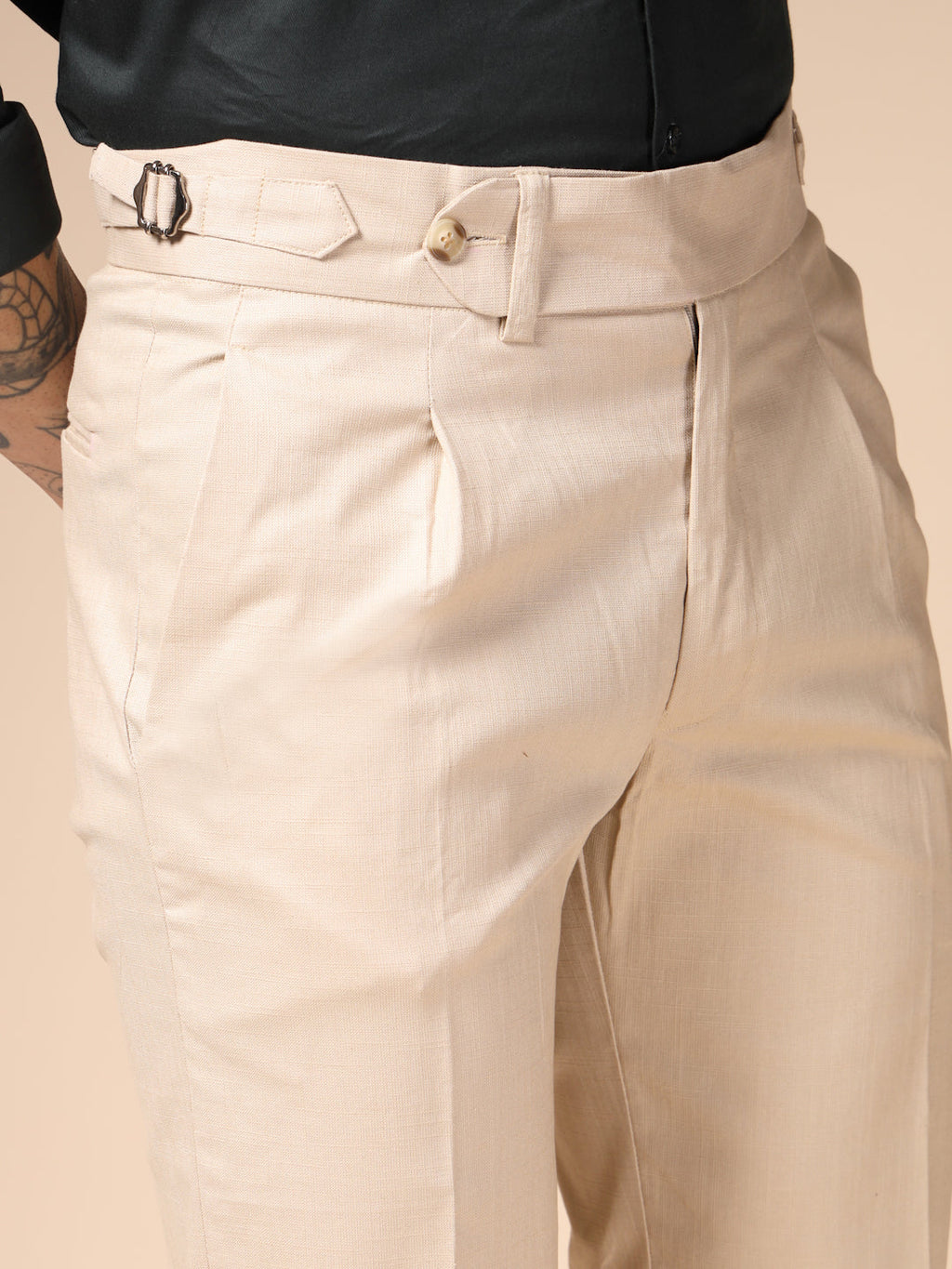 Beige Linen Elegant Gurkha Pants | Boot Cut Fit by Italian Vega®