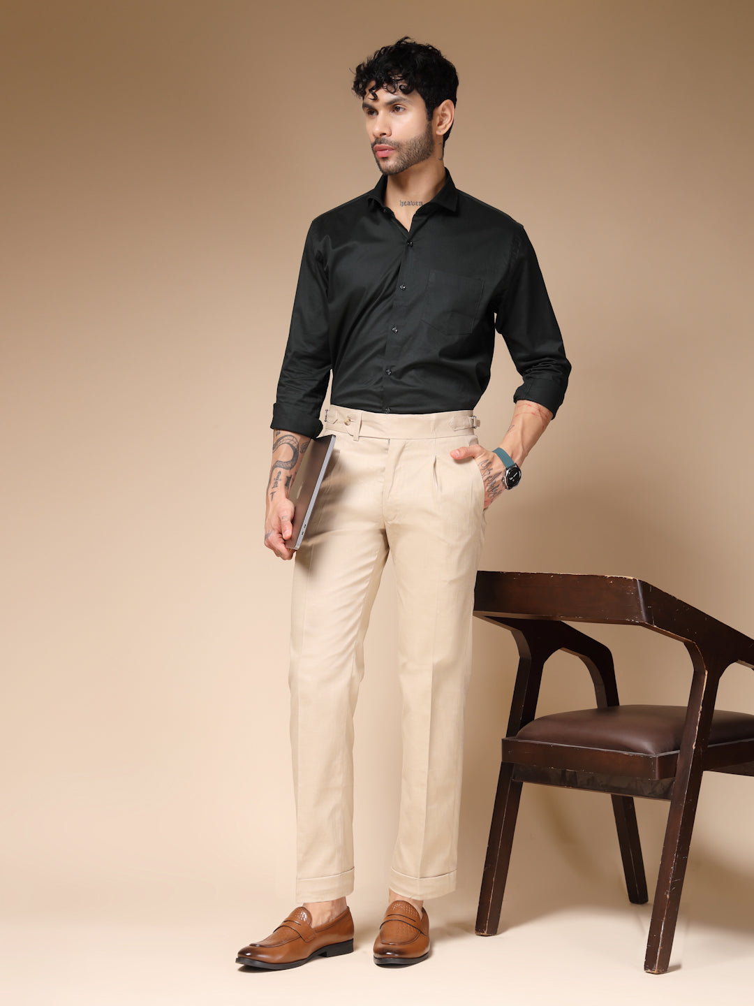 Beige Linen Elegant Gurkha Pants | Boot Cut Fit by Italian Vega®