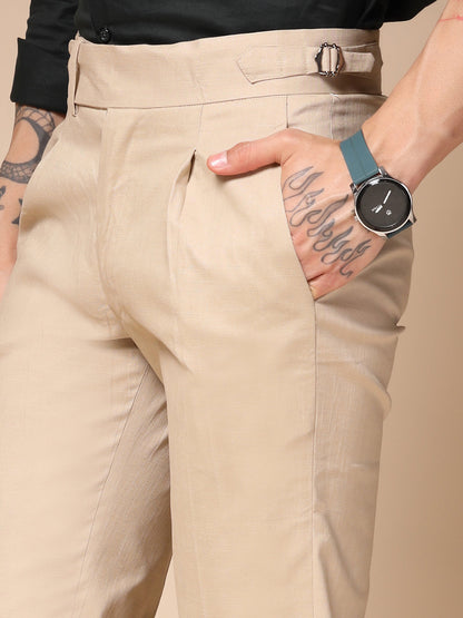Beige Elegant Linen Gurkha Pants | Boot Cut Fit by Italian Vega®