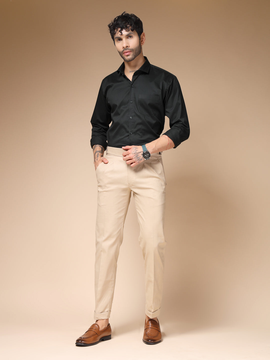 Beige Linen Classic Buckle Gurkha Pants – Boot Cut Fit by Italian Vega®