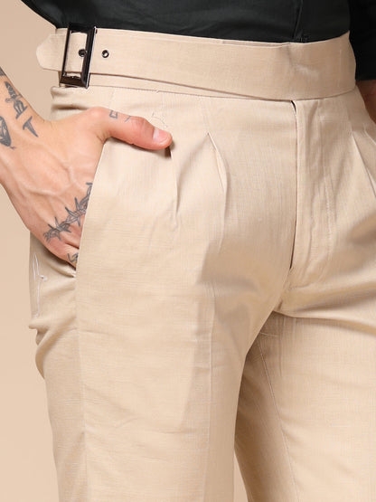 Beige Linen Classic Buckle Gurkha Pants – Boot Cut Fit by Italian Vega®