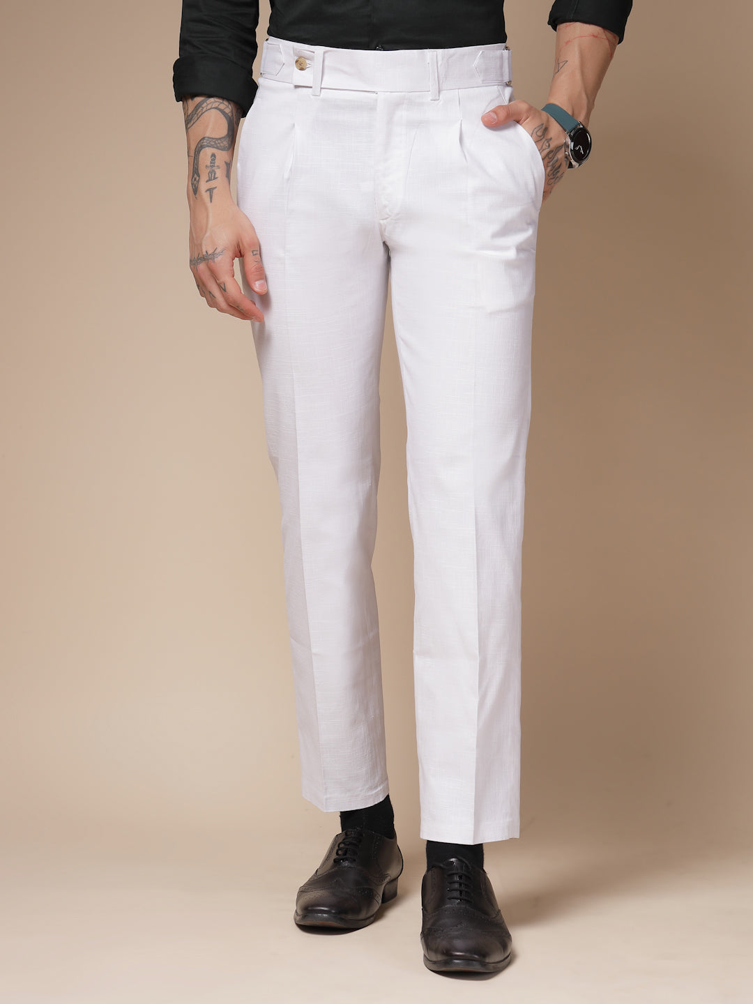 White Oxford Linen Gurkha Pants | Boot Cut Fit by Italian Vega®