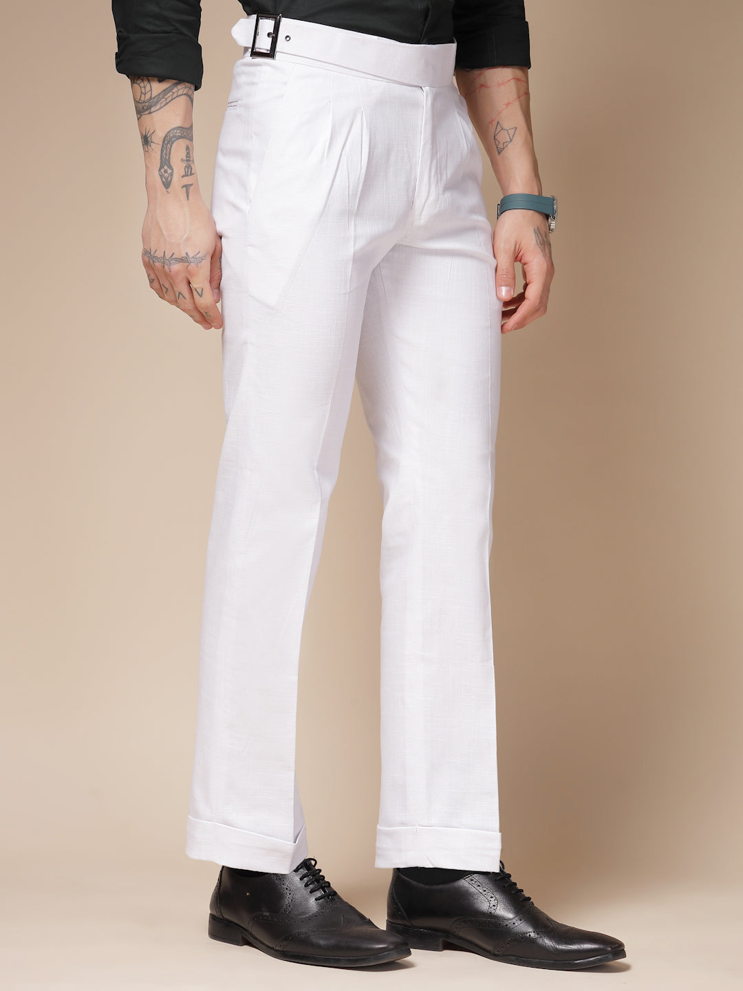 White Linen Classic Buckle Gurkha Pants – Boot Cut Fit by Italian Vega®