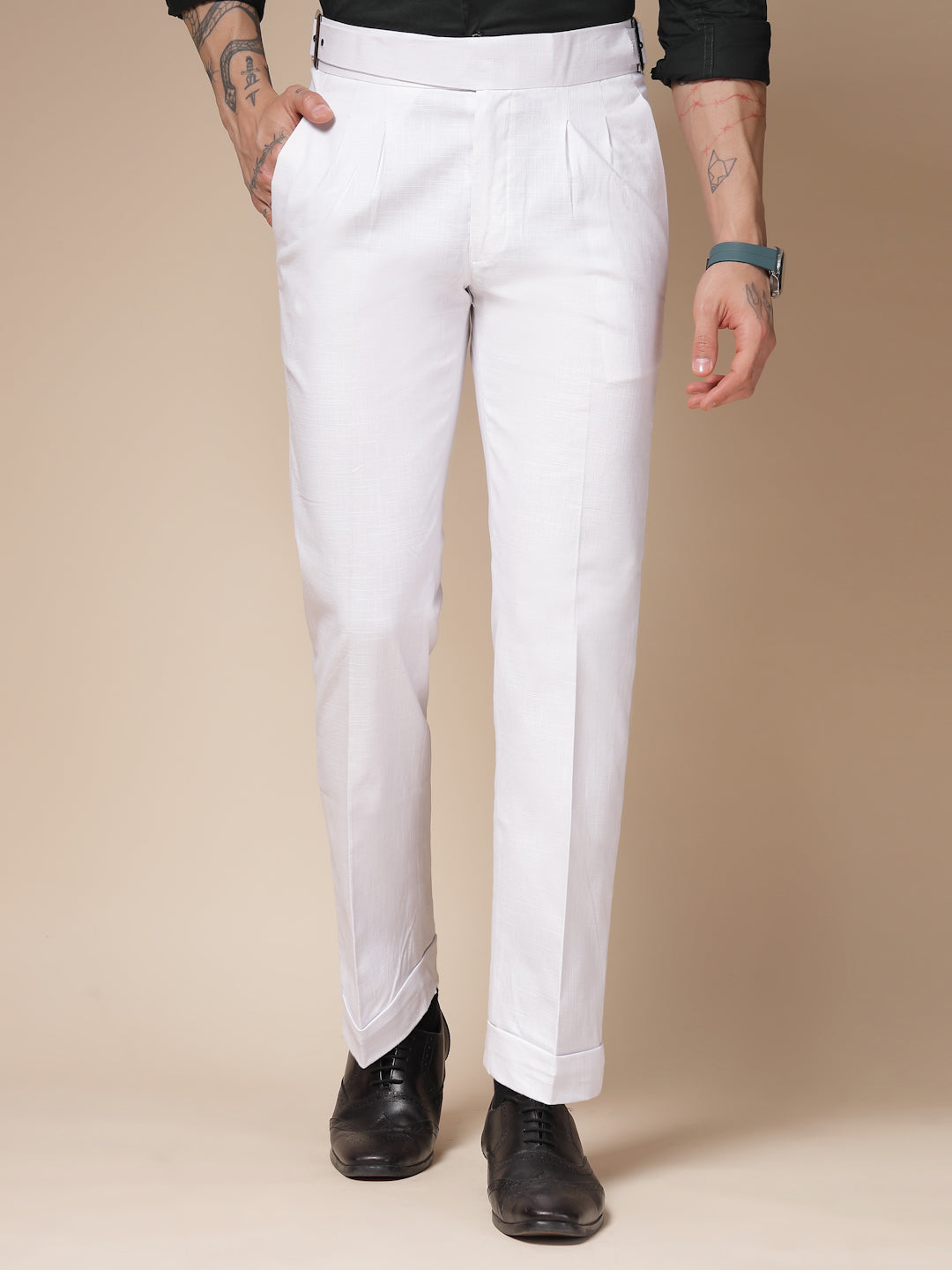 White Linen Classic Buckle Gurkha Pants – Boot Cut Fit by Italian Vega®