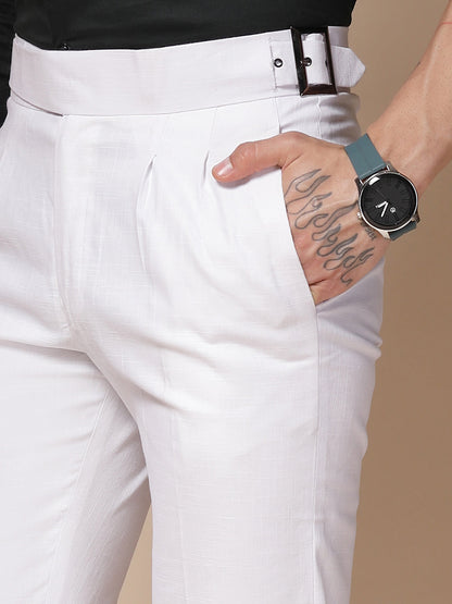 White Linen Classic Buckle Gurkha Pants – Boot Cut Fit by Italian Vega®