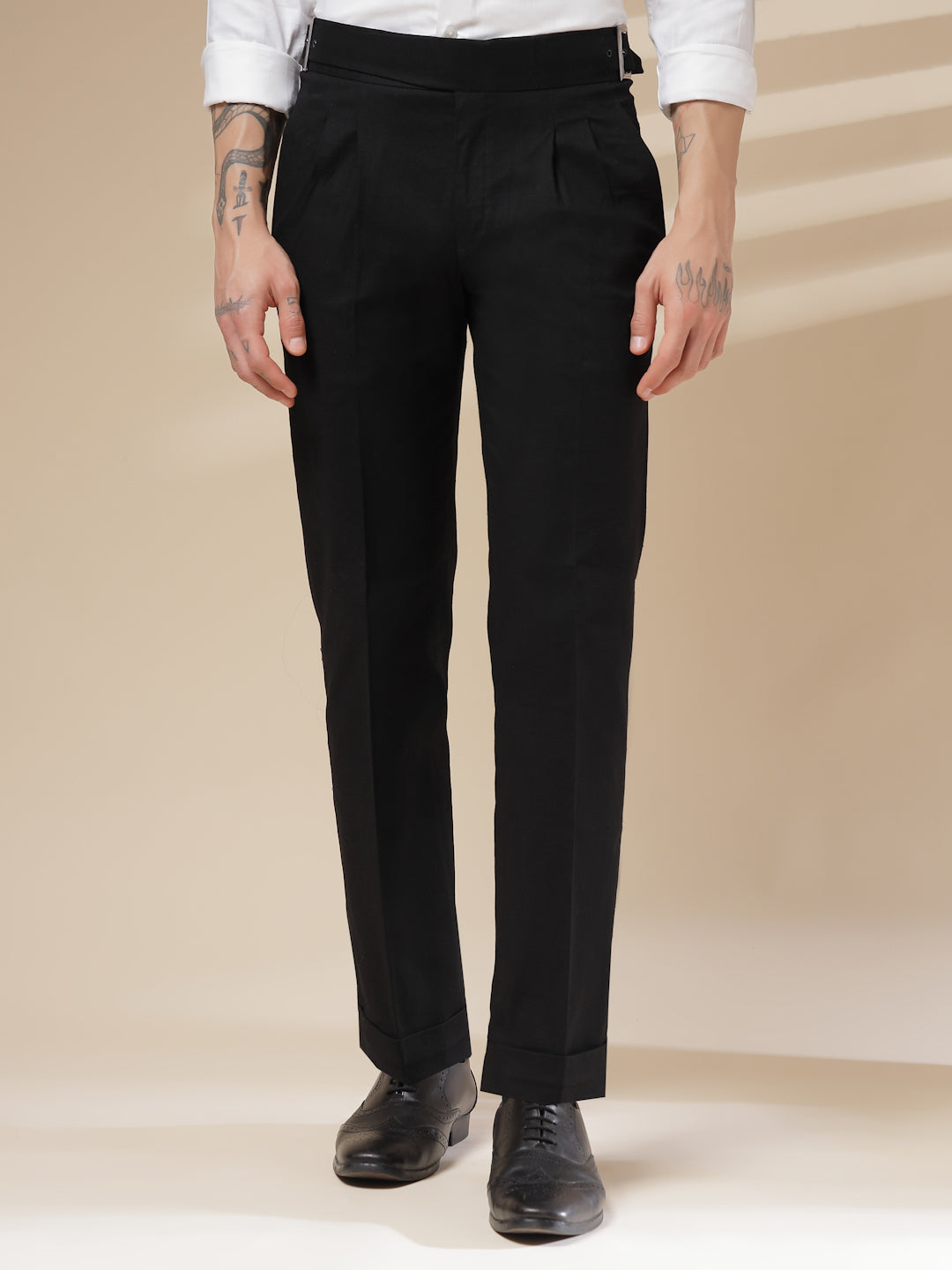 Black Linen Classic Buckle Gurkha Pants – Boot Cut Fit by Italian Vega®