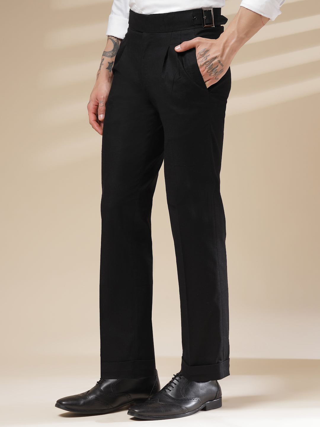 Black Linen Classic Buckle Gurkha Pants – Boot Cut Fit by Italian Vega®