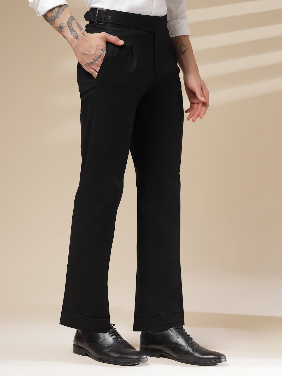 Black Linen Classic Buckle Gurkha Pants – Boot Cut Fit by Italian Vega®