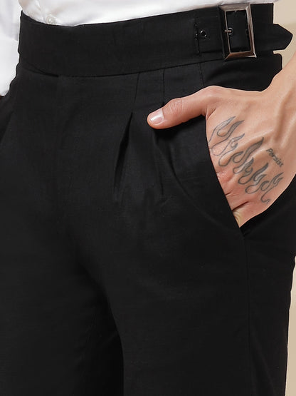 Black Linen Classic Buckle Gurkha Pants – Boot Cut Fit by Italian Vega®