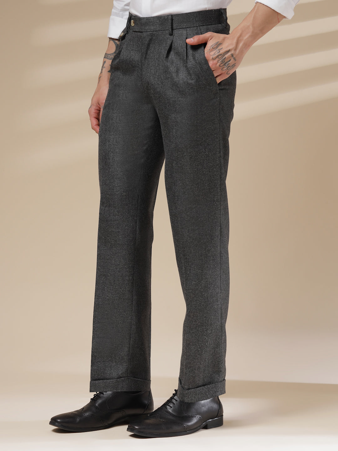 Grey Signature Flap Herringbone Gurkha Pants | Boot Cut Fit by Italian Vega® (Winter Warm)