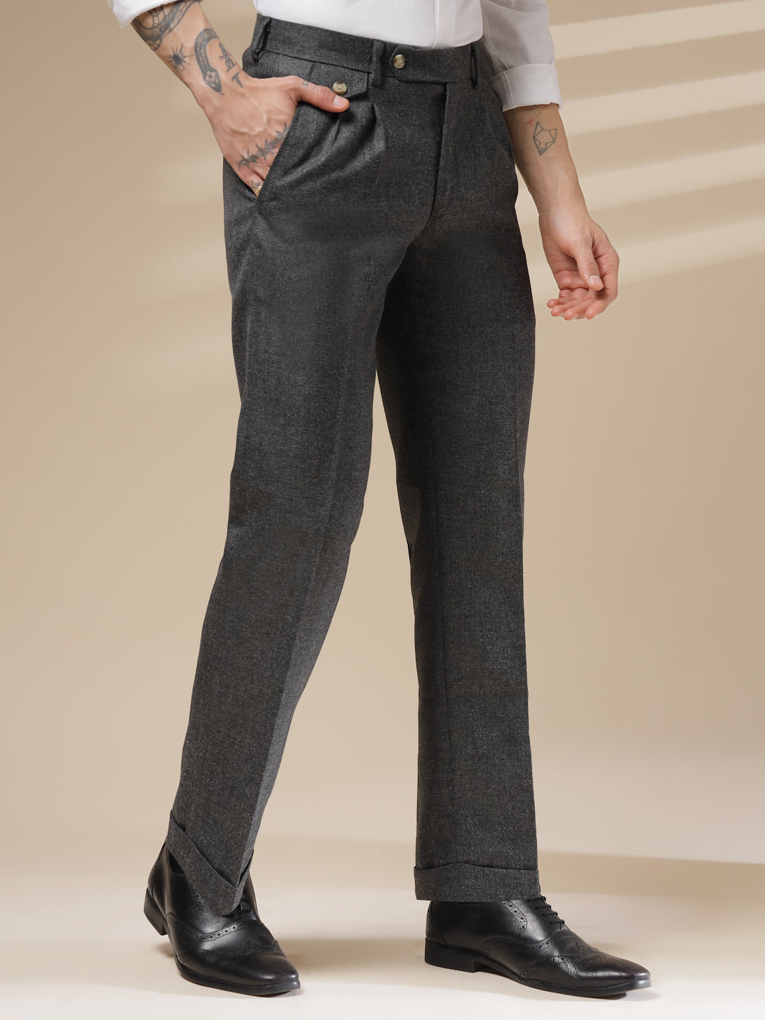 Grey Signature Flap Herringbone Gurkha Pants | Boot Cut Fit by Italian Vega® (Winter Warm)