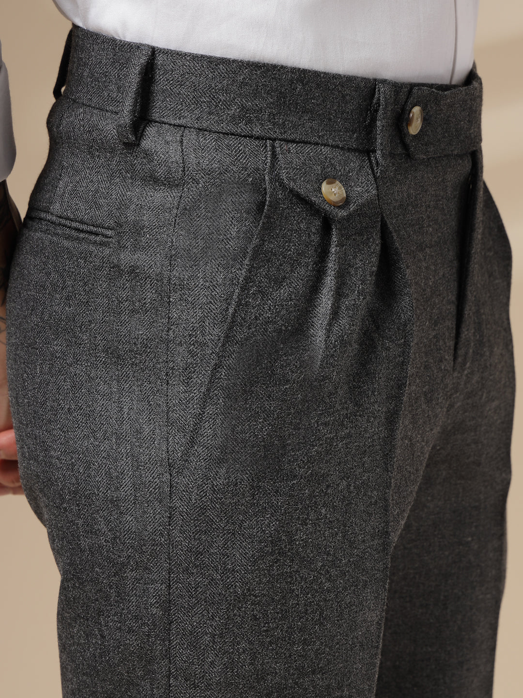 Grey Signature Flap Herringbone Gurkha Pants | Boot Cut Fit by Italian Vega® (Winter Warm)