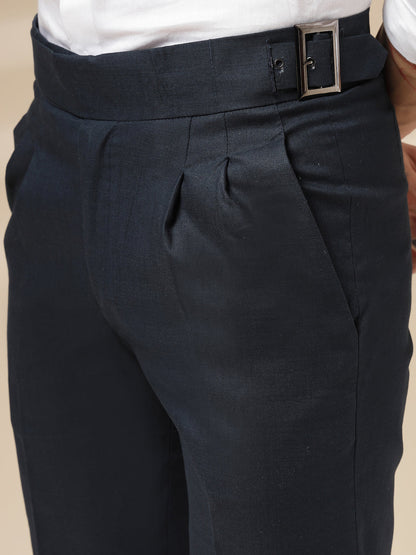 Navy Linen Classic Buckle Gurkha Pants – Boot Cut Fit by Italian Vega®