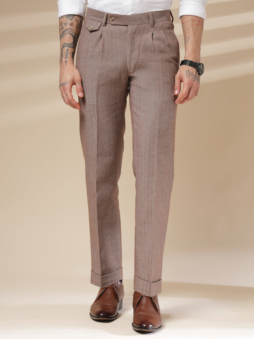 Khakhi Signature Flap Herringbone Gurkha Pants | Boot Cut Fit by Italian Vega®