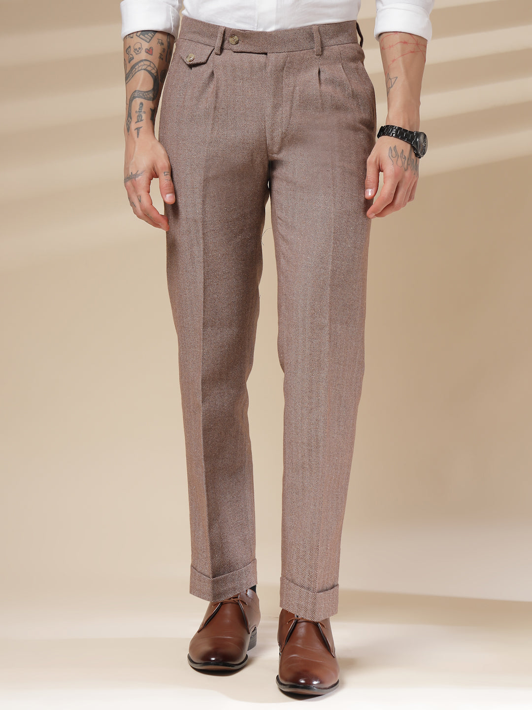 Khakhi Signature Flap Herringbone Gurkha Pants | Boot Cut Fit by Italian Vega® (Winter Warm)