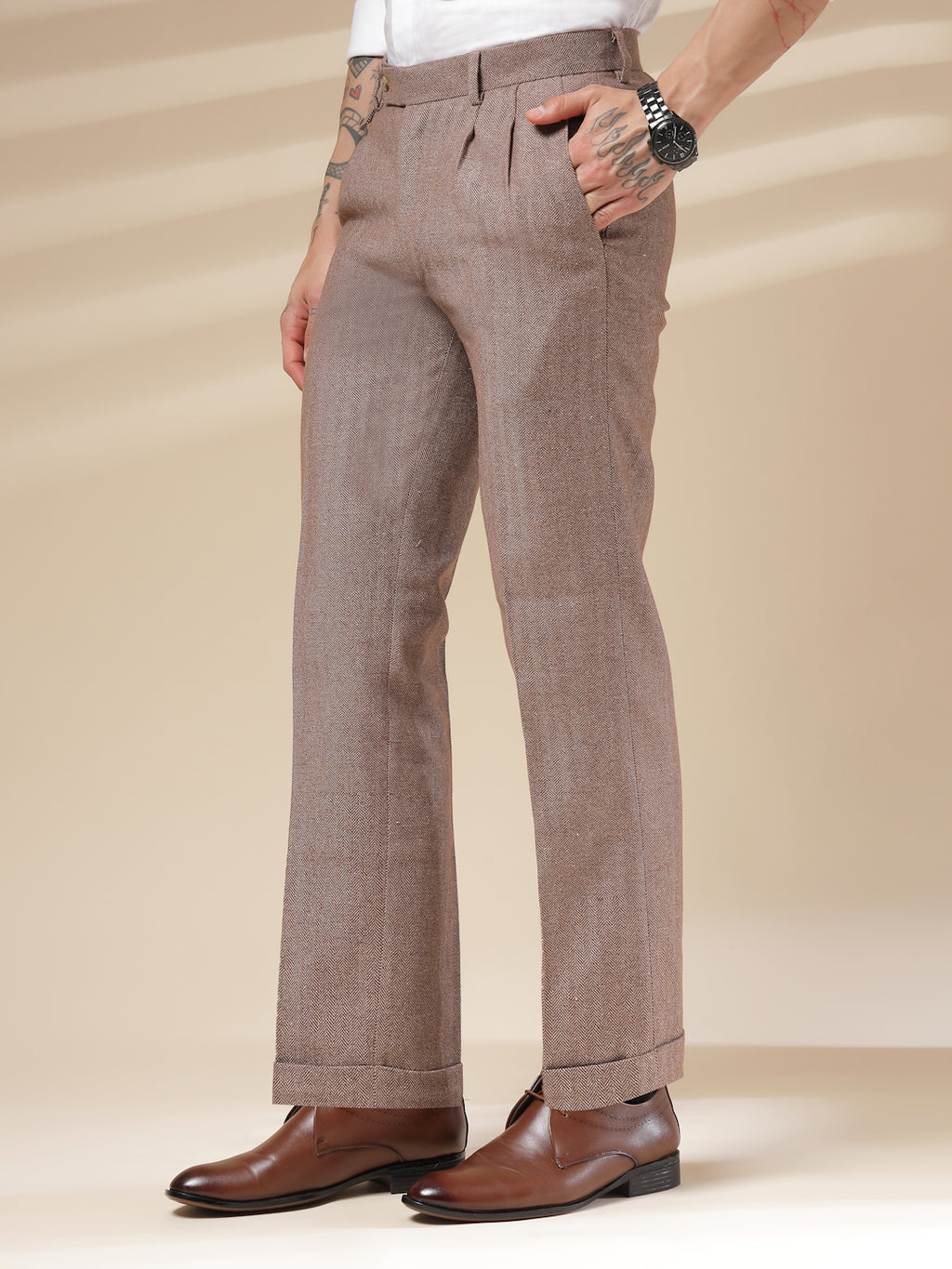Khakhi Signature Flap Herringbone Gurkha Pants | Boot Cut Fit by Italian Vega®