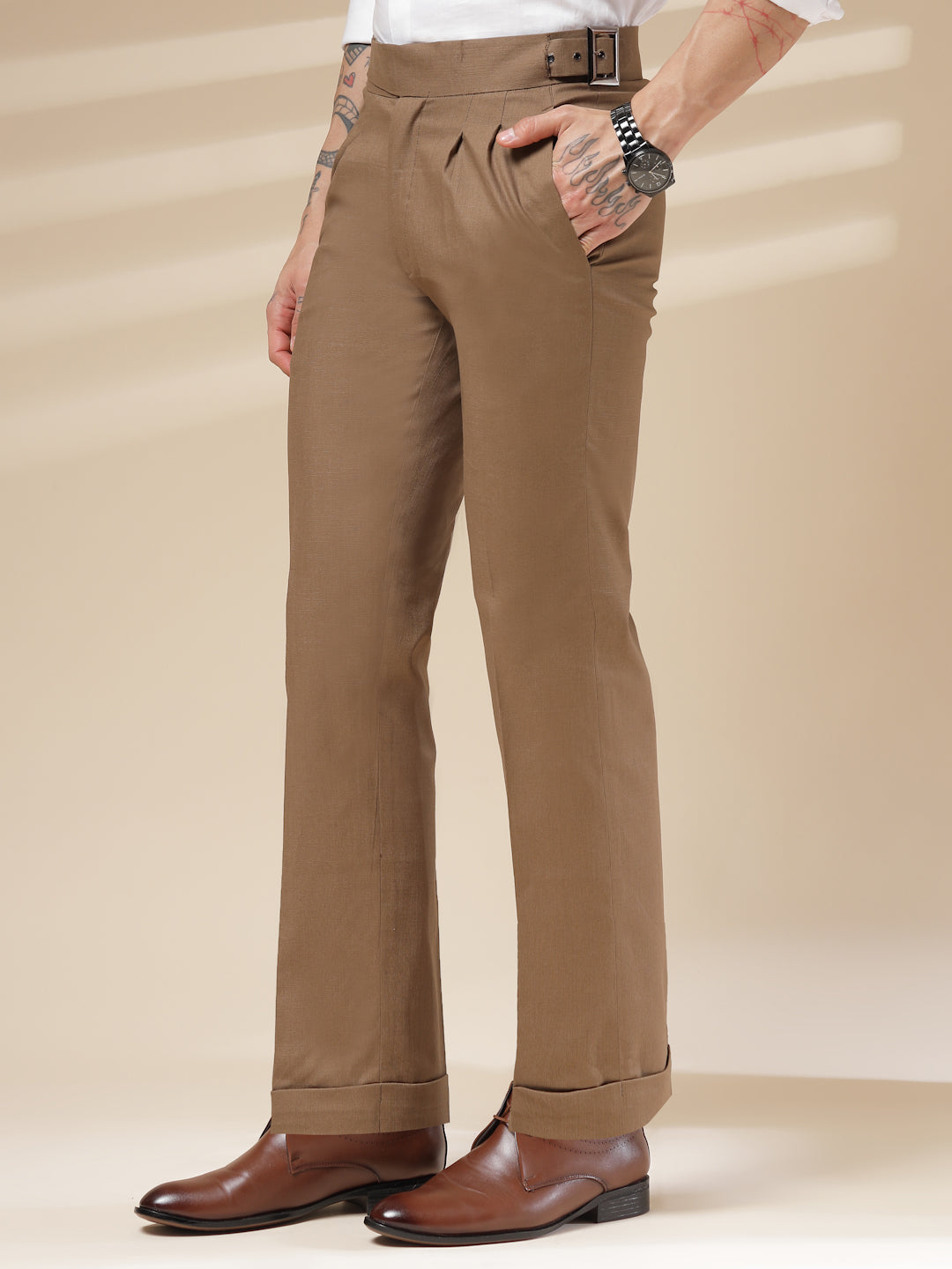 Khakhi Linen Classic Buckle Gurkha Pants – Boot Cut Fit by Italian Vega®