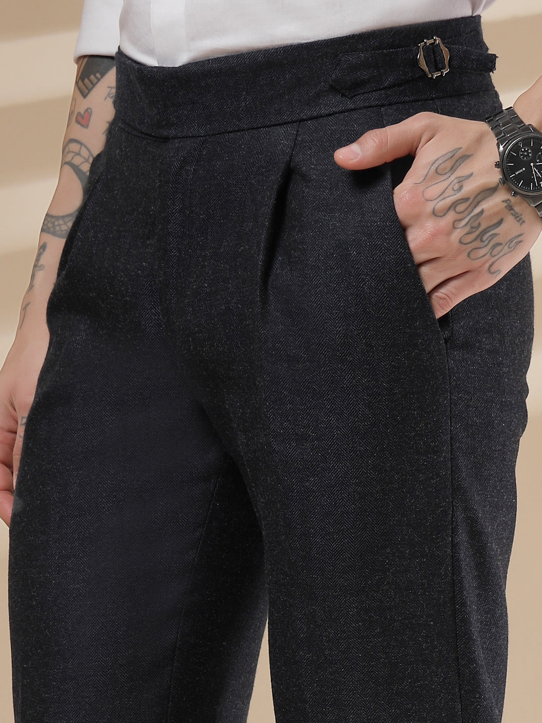 Navy Exotic Herringbone Gurkha Pants | Boot Cut Fit by Italian Vega® (Winter Warm)