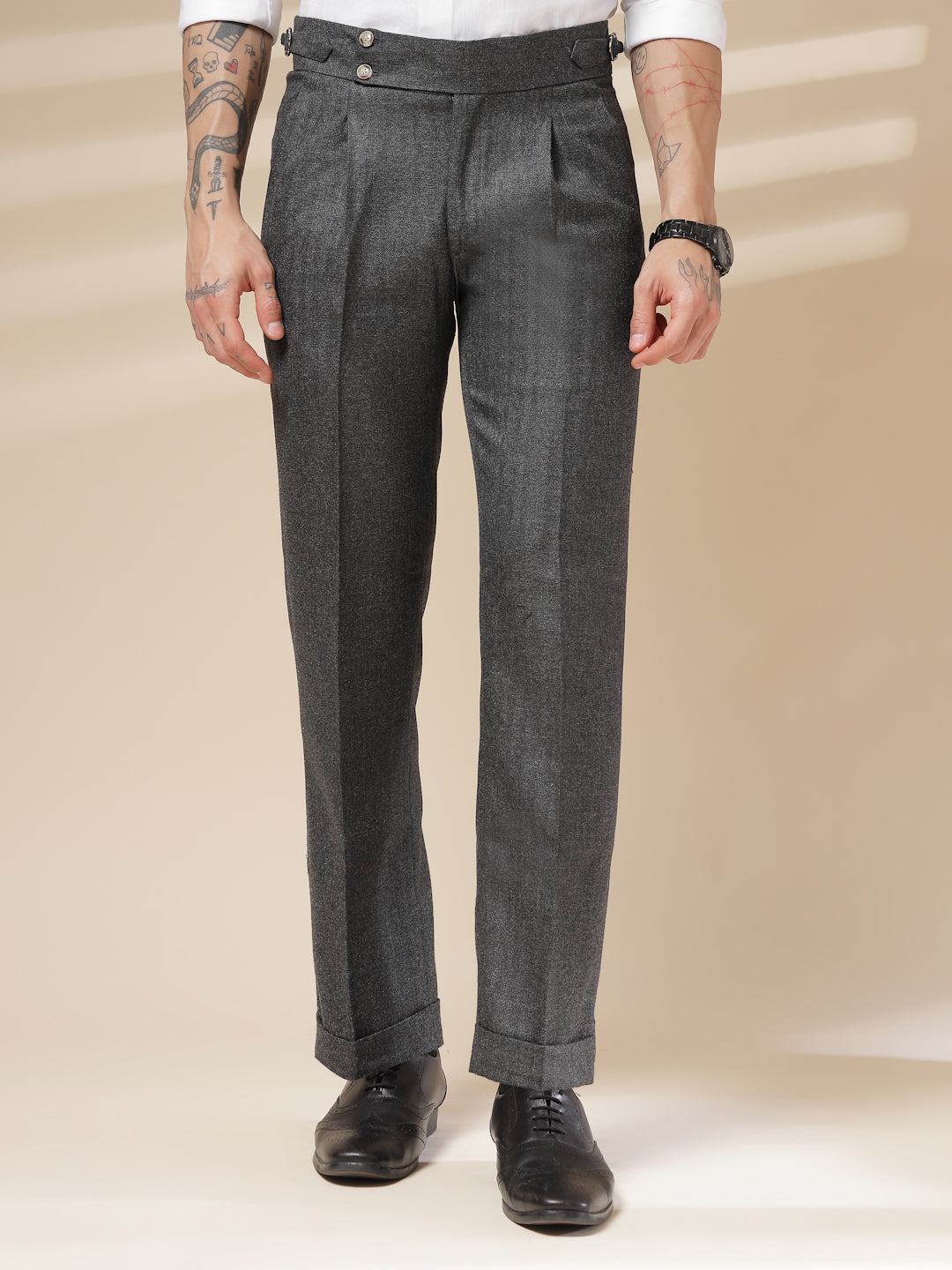 Grey Signature Buttoned Herringbone Gurkha Pants | Boot Cut Fit by Italian Vega® (Winter Warm)
