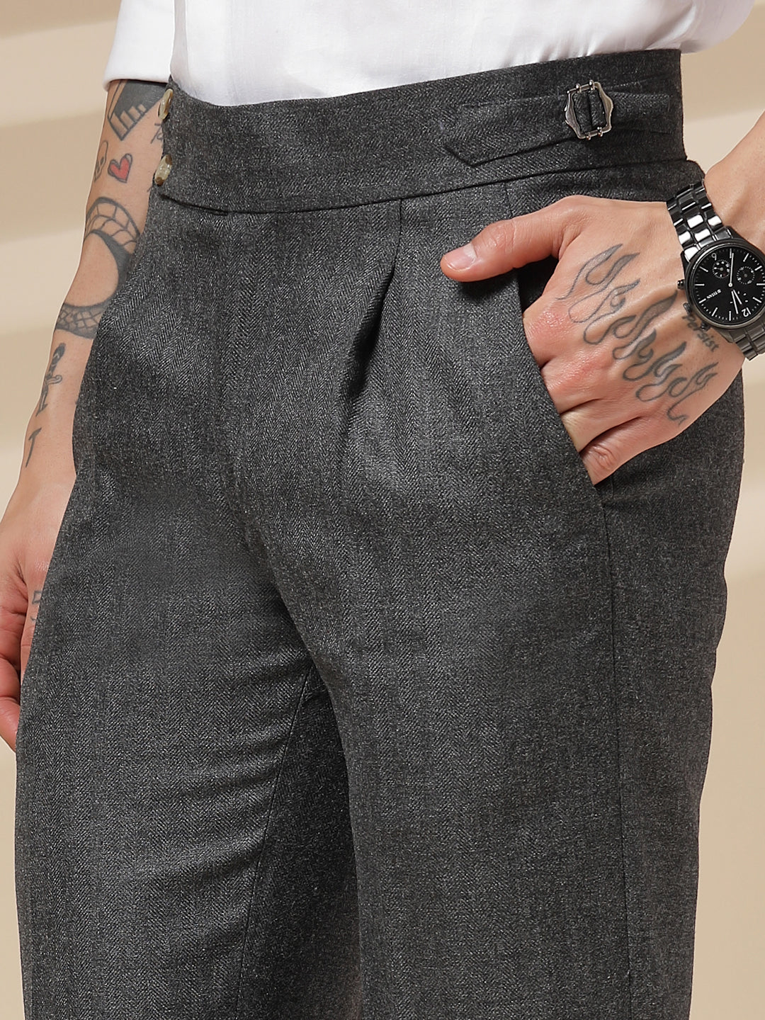Grey Signature Buttoned Herringbone Gurkha Pants | Boot Cut Fit by Italian Vega® (Winter Warm)