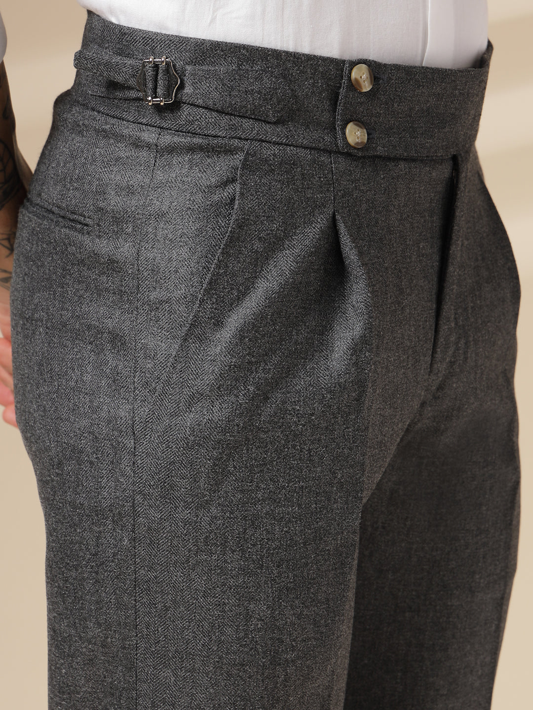 Grey Signature Buttoned Herringbone Gurkha Pants | Boot Cut Fit by Italian Vega® (Winter Warm)